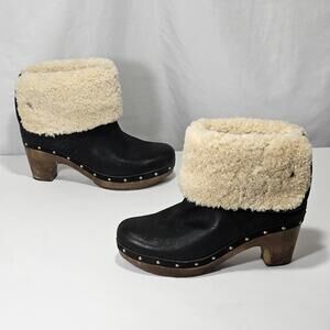 UGG 3207 Lynnea Leather Fold Over Boots Womens Size 7 Black Shearling Lined